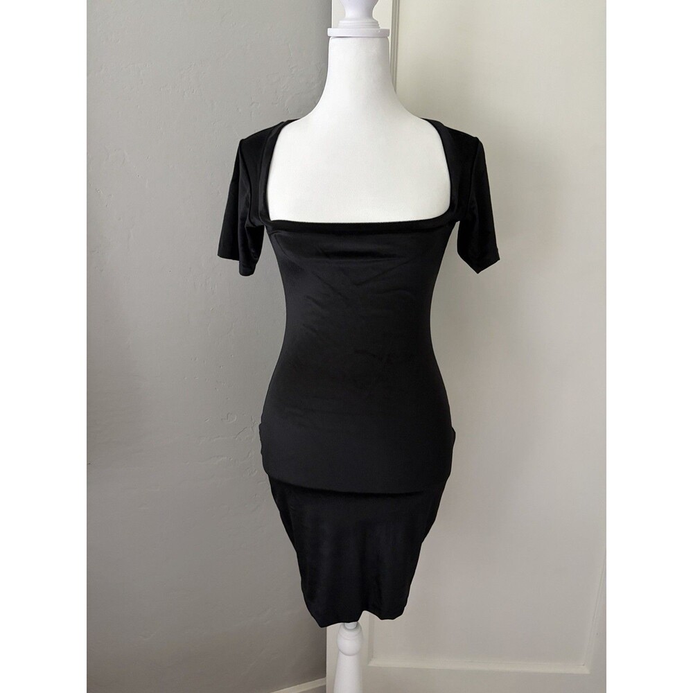 Vintage 90s Isaia NYC Black Velvet Bodycon Mini Dress S Square Neck Cocktail LBD